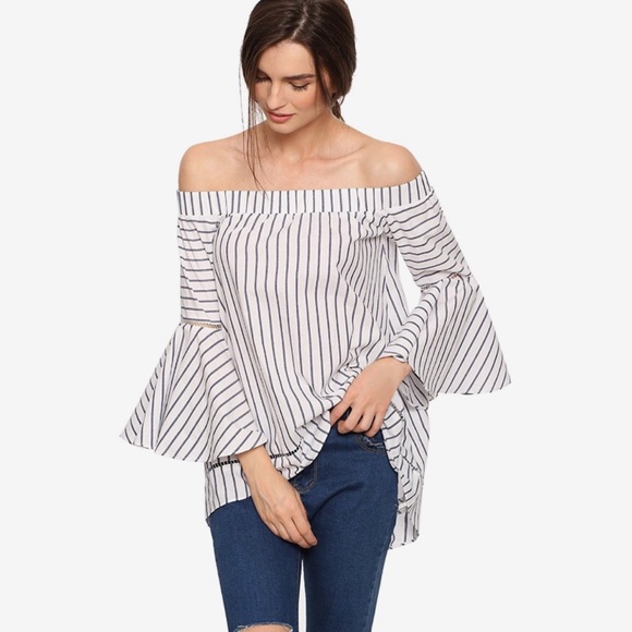 Off Shoulder Bell Sleeve Striped High Low Blouse - Picture 2 of 6